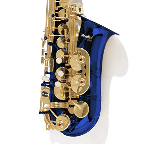 Mendini By Cecilio Alto Saxophone for Beginners, E Flat Tenor Saxophone for Students Musicians with Tuner, Mouthpiece, Case, 10 Reeds, Grease, Cleaning Cloth & Rod, Gloves, Strap, Book (Blue Gold)