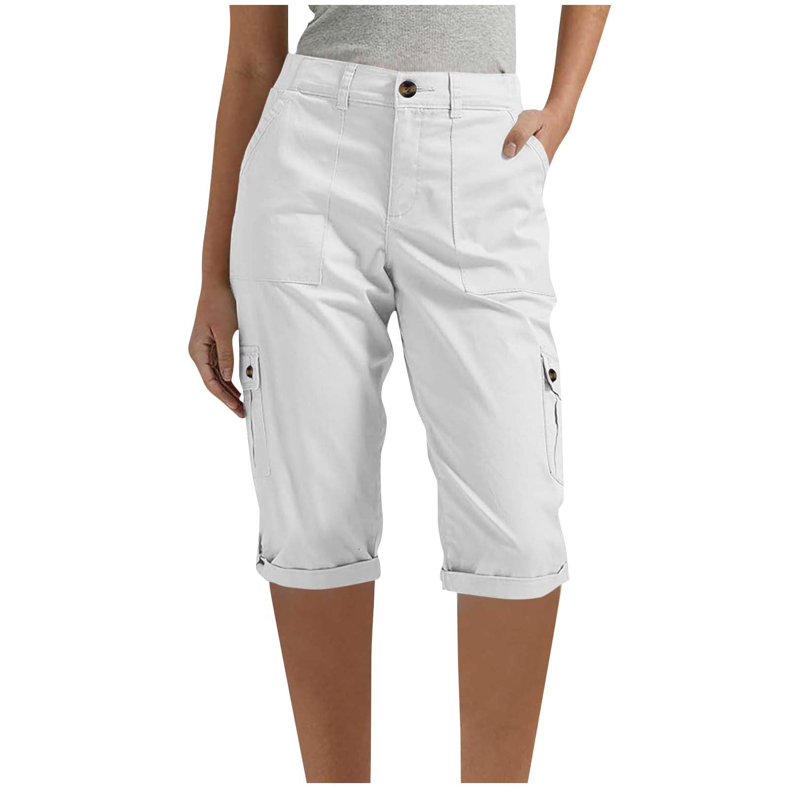 Hiking Shorts for Women Stretch High Waisted Cargo Capris Rolled Hem Straight Leg Outdoor Cropped Pants with Pockets(#01 White,Small)
