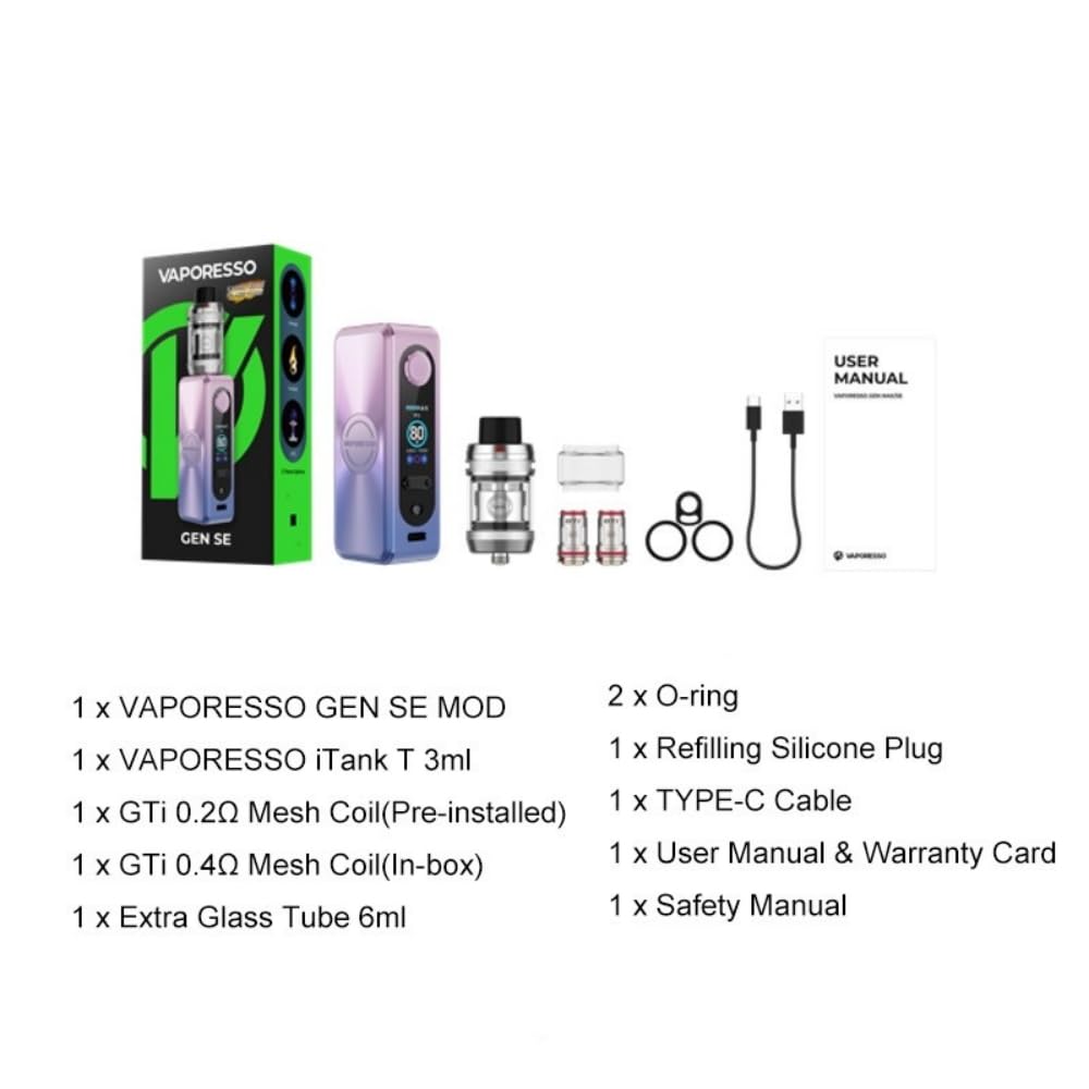Kit GEN SE Vapo’resso Box Mod Vape Batterie 18650 (non incluse) 80 W 3 ml/6 ml Réservoir iTank T Bobine GTi 0,2ohm 0,4ohm Cigarette électronique DTL Original (Argent arctique) - No Nicotine