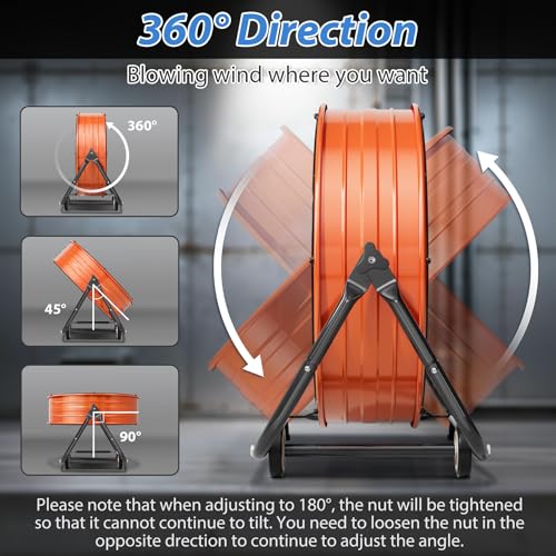 Image of LifePlus 30 inch Industrial Drum Fan, 14000 CFM High Velocity 3-Speed Heavy Duty Metal Air Circulator with 360 Tilt, Casters Handle for Warehouse Factory workshops Patios Garage, Orange