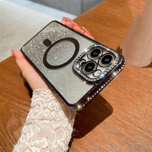 Coque iPhone 15 Plus pailletée noire : protégez votre objectif photo avec style et magnétisme