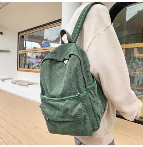 JHTPSLR Corduroy Backpack Minimalist Aesthetic Backpack Solid Color Preppy Backpack Bookbag Laptop Backpack Mochilas (Green)2