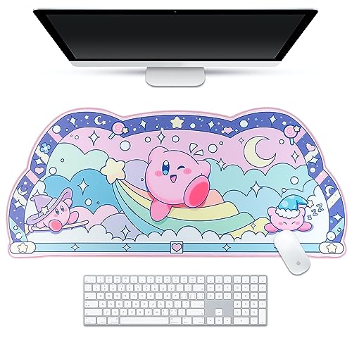 BelugaDesign Kirby Schreibtischunterlage | Kawaii süße Anime Tastatur | Großes Super Smash Star Allies Forgotten Land Großes mattes Mousepad | Pastellrosa blauer Schreibunterlagenschutz