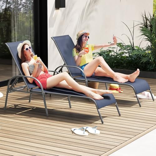 Image of Giantex 2 Pack Patio Lounge Chair, Outdoor Chaise Lounge with 5 Adjustable Backrest, Sturdy Steel Frame, Sunbathing Recliner, Beach Chair, Tanning Chair for Outside, Yard, Balcony, Pool Chairs, Navy