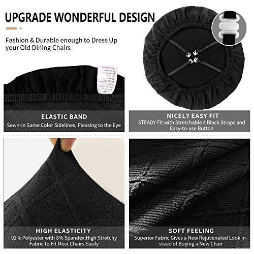 Gute Chair Seat Covers, Dining Room Chair Seat Covers with Ties, Stretch Jacquard Chair Covers Protectors for Dining Room Kitchen Chairs - Set of 4, Rhombic, Black
