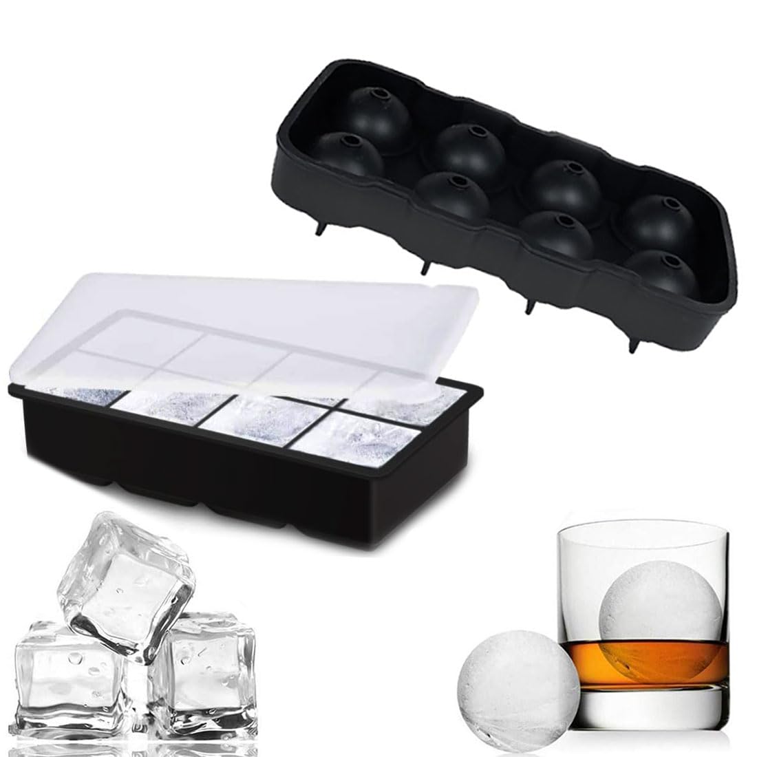 Large Ice Cube Tray With Lid, Silicone 8 Large Square Ice Cube Mold and 8 Round Ice Ball Maker Set for Whiskey Cocktails Frozen Treats Juices Soda Easy Release BPA Free.