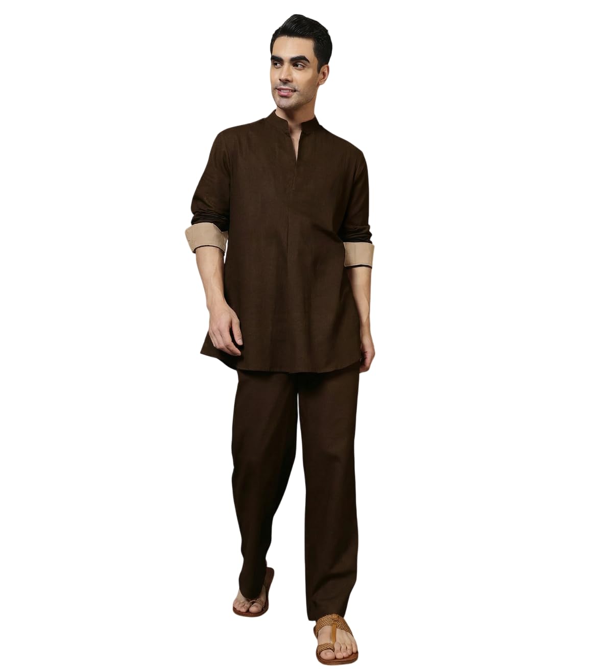 amanush Solid Pure Cotton Shirt With Knee Length Combo Cord Set|Full Pant|Shirt Dress|Mandarin Collar|Full Sleeve|Co ords for Men Fashion|Party Casual Wear|Two Piece (Dark Brown)-picture-51