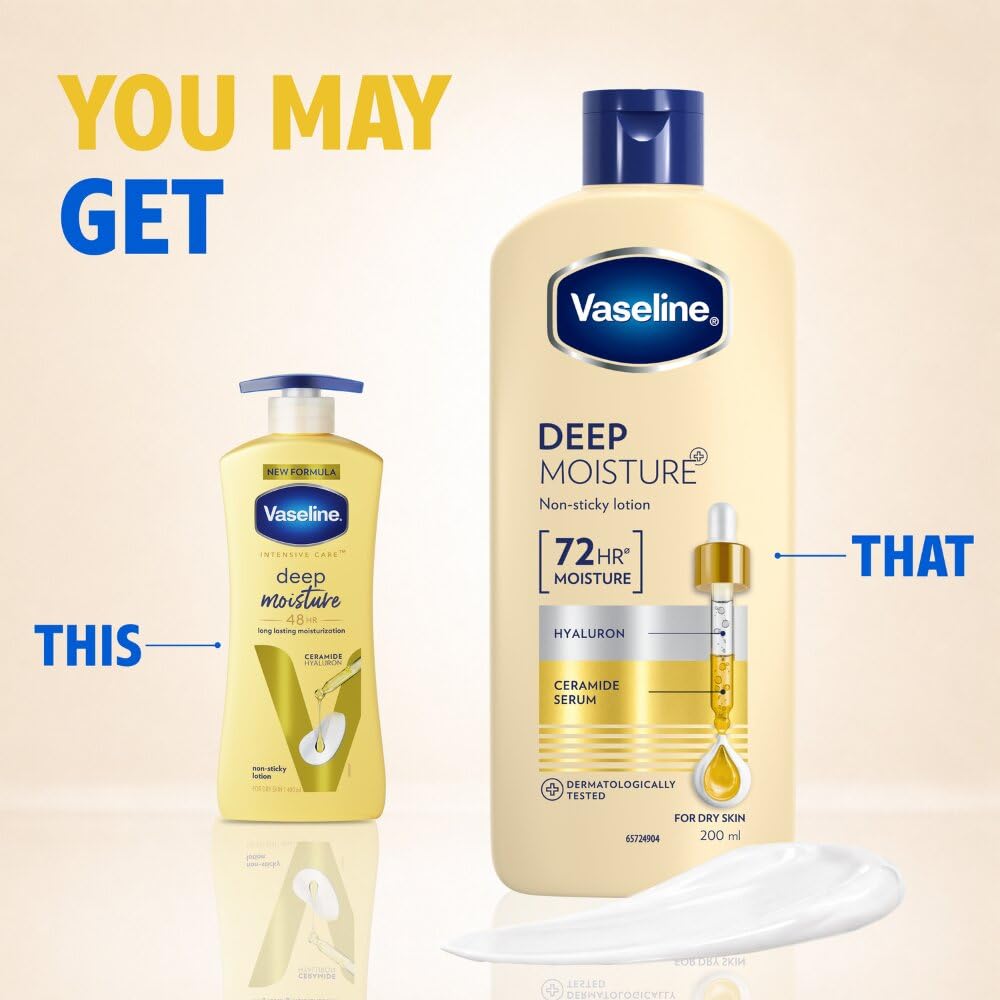 Vaseline Deep Moisture Body Lotion with Ceramide Hyaluron Moisture Fillers | 10X More for Cushion Soft Glowing Skin | For Dry | Lightweight Non-Sticky Formula | 200ml 1