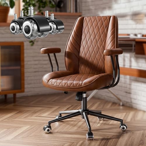 JULYMON Brown Leather Office Desk Chair with Quiet Rubber Wheels, Height Adjustable...