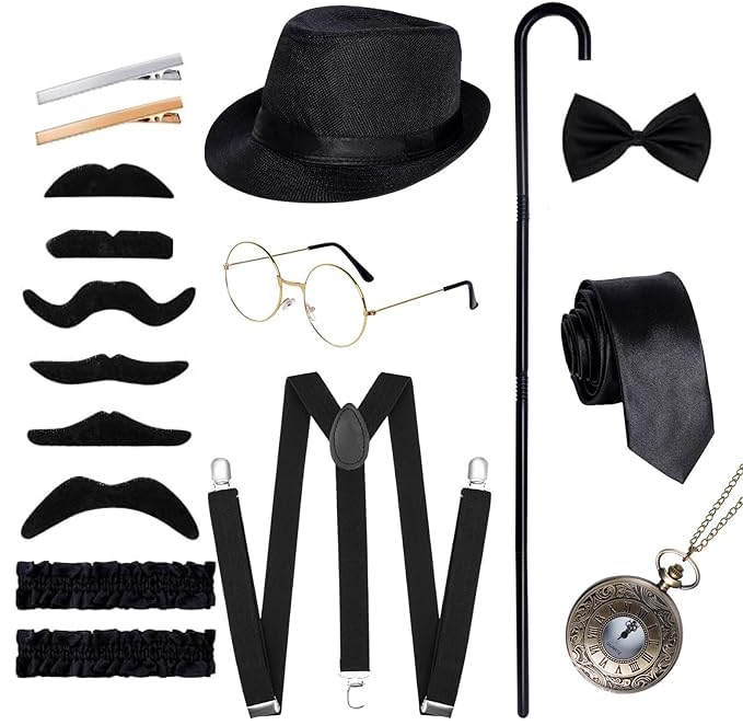 Ishua 1920s Men Costume Accessories, 17 pcs Old Men Gangster Costume Set, Roaring Retro Mens Gatsby Accessories 1920s