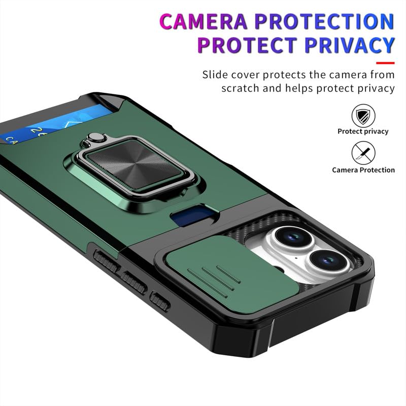 Image of LuxuryKase Shockproof Armor Case for iPhone 17 | Slide Camera Cover | Hidden Card Slot | Rotating Ring Kickstand | Magnetic Car Mount Support | Military Grade Protection - Green