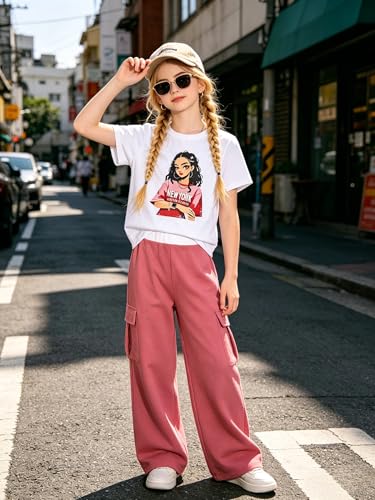 Image of Ayzozuy Kid Girl Clothes Outfits Figure Letter Graphic Tee Top + Flap Pocket Pants 2PC Clothing Set