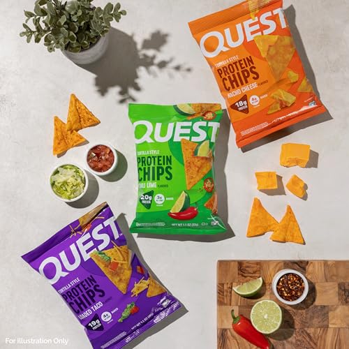 Image of Quest Nutrition Tortilla Style Protein Chips Variety Pack, Chili Lime, Nacho Cheese, Loaded Taco, Low Carb, High Protein, Gluten Free, 1.1 oz (Pack of 12)