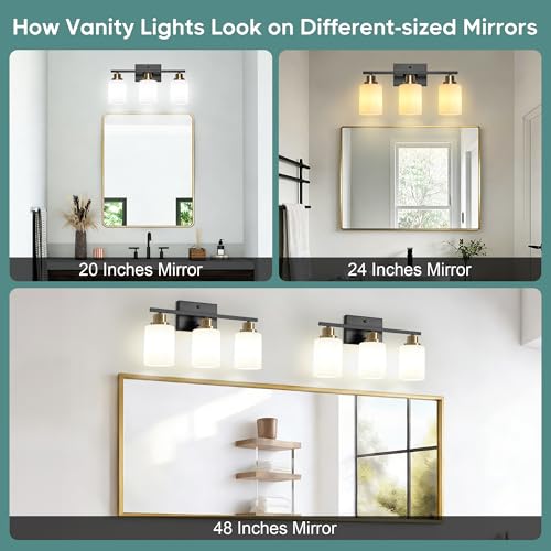 Image of Ascher Bathroom Light Fixtures, 3-Light Vanity Light Over Mirror, Black and Gold Wall Sconces with Milky White Frosted Glass Shades, Wall Lamp for Living Room Bedroom, E26 Base(Bulbs Not Included)