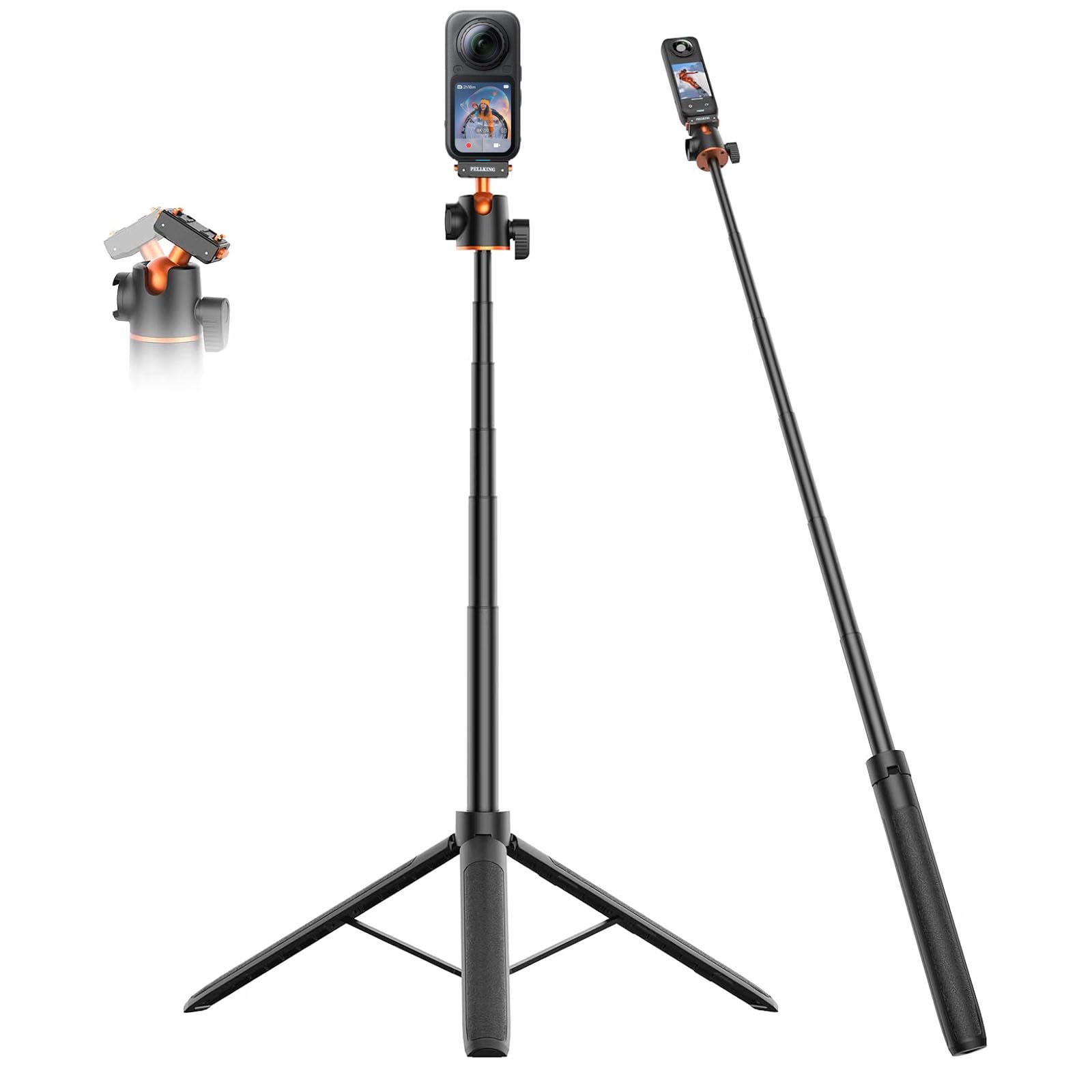 PellKing 53in Selfie Stick Tripod 2 in 1 w Ball Head Mount for Insta360 X6