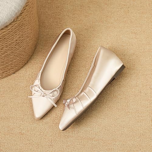 Women's Leather Bow Pointed Toe Ballet Flats Simple Comfortable Ruched Slip On Shallow Mouth Dress Flats Shoes for Dating Wedding Work Daily4