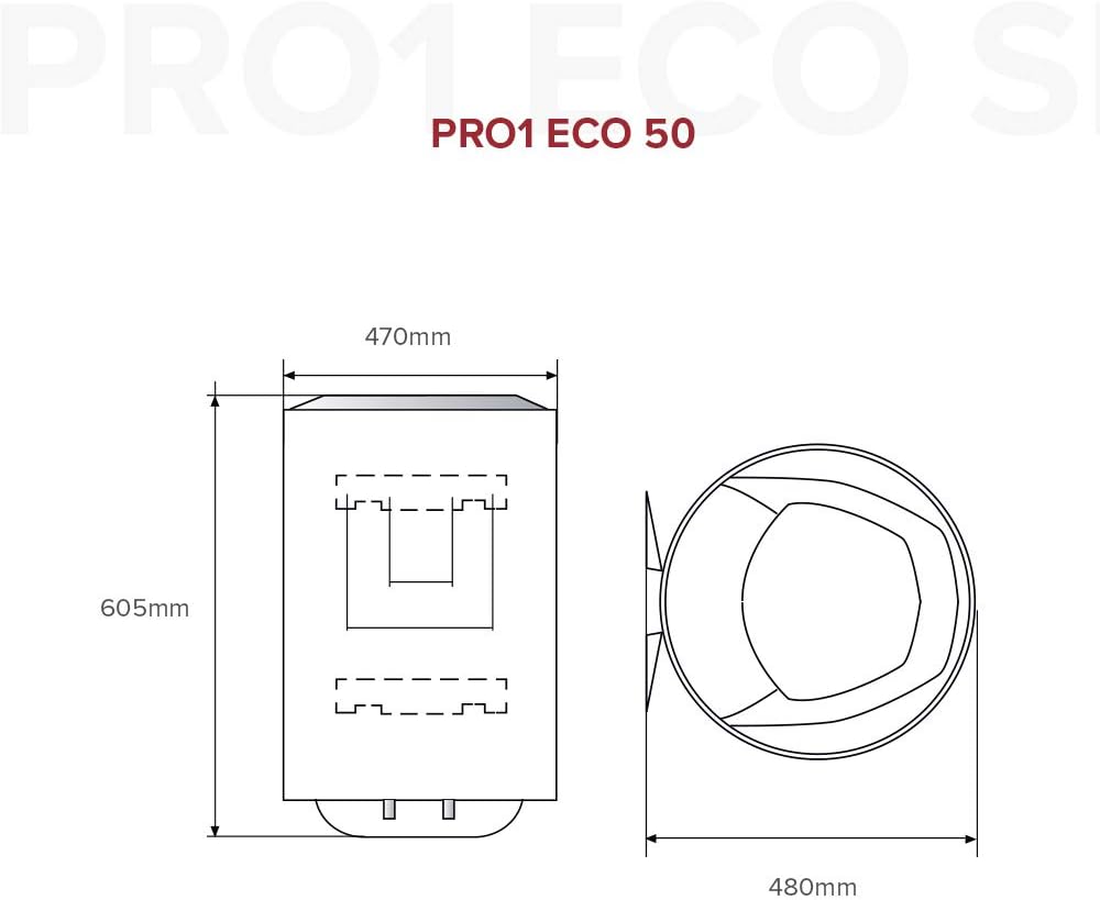 Dimensional drawing of Ariston PRO1 ECO 50 L water heater