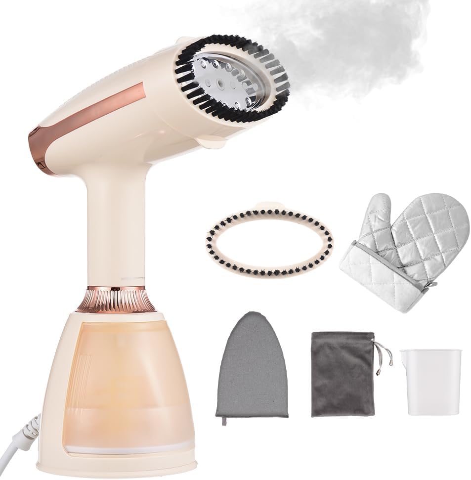 Handheld Steamer for Clothes 1500W 20s Heatup Fabric Wrinkles Remover Portable Handheld Garment Steamer with Removable Water Tank and Fabric Brush Steamer for Garments(champagne)