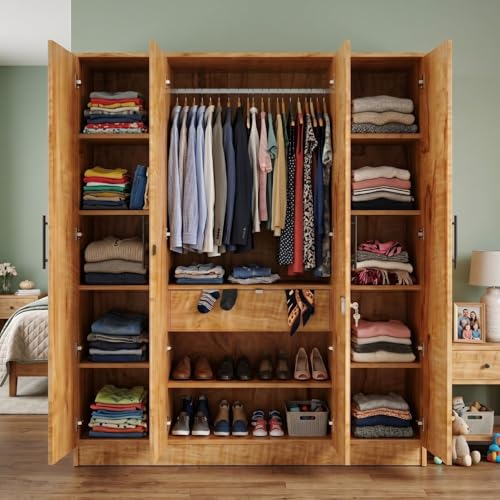 Image of FFO Kavisto 4 Door Wooden Wardrobe for Bedroom, Large Clothes Storage Cabinet with Hanging Space, Shelves, Drawer & Lock, Modern Wood Finish Almirah for Home, Bedroom & Living Room DIY.