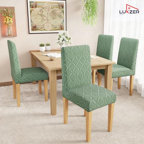 Image of Lukzer Elastic Dining Chair Cover - 6PC Pastel Green Diamond Pattern | Textured High Stretch Jacquard Seat Cover | Removable Washable Short Dining Chair Cover Protector Seat Slipcover | (CC-153-6)