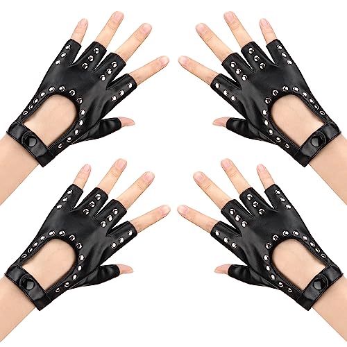 Newellsail 2 Paar Punk Handschuhe Fingerlose Damen PU Leder Halbfinger-Handschuhe mit Nieten für Cosplay, Performance, Tanzen, Fahren, Radfahren, Einheitsgröße (Schwarz)