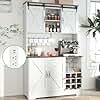 71" Kitchen Pantry Cabinet with Charging Station, Farmhouse Pantry Cabinets for Kitchen Storage with Sliding Doors, Coffee Bar Storage with Adjustable Shelves/Microwave Stand/Wine Rack/Cup Hooks