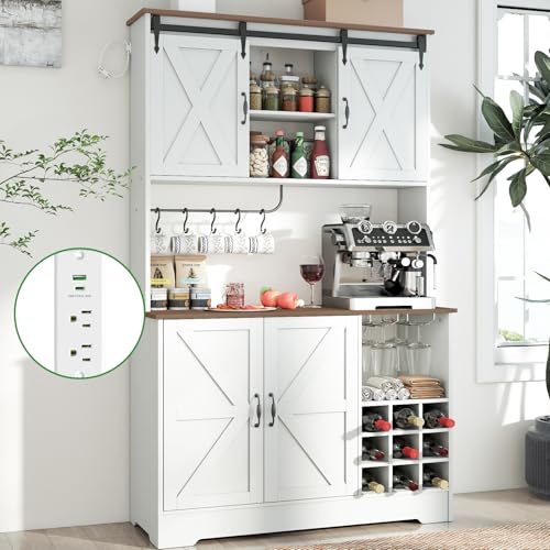 71" Kitchen Pantry Cabinet with Charging Station, Farmhouse Micro...