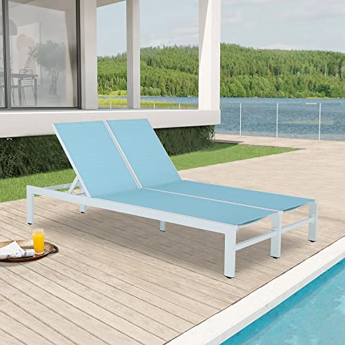 PEAK HOME FURNISHINGS Outdoor Double Aluminum Chaise Lounge Chairs 5-Position Adjustable w/Wheels 2-Person Pool Lounger All Weather for Patio,Turquoise