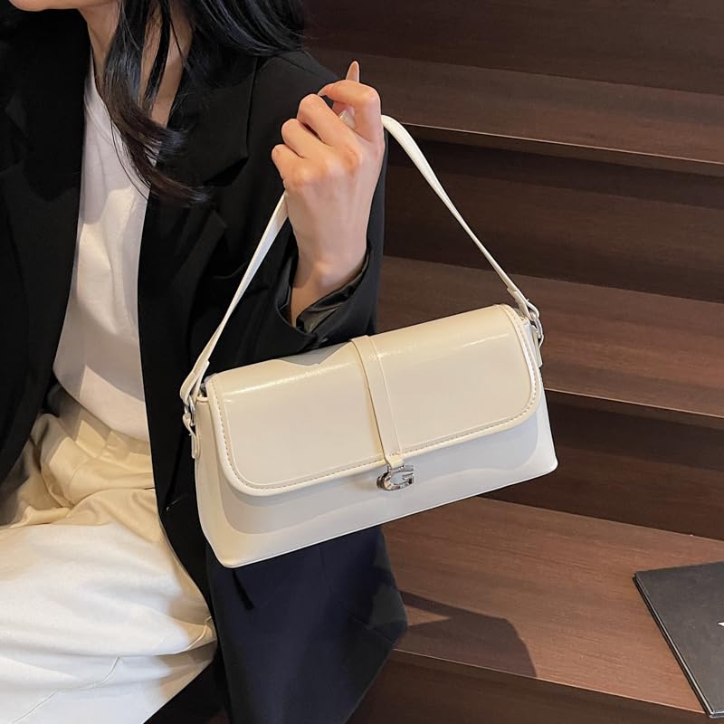 Ladies All-Match Underarm Bag PU Leather Elegant Flap Bag Simple Handbag (White)2
