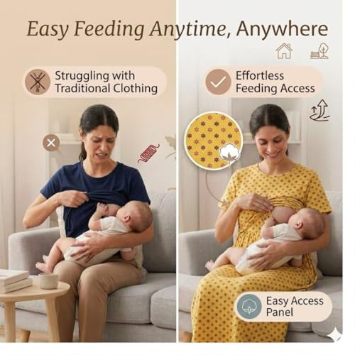 Image of Zero Clothing Feeding Dress for New Moms Casual Loungewear Ankle Length | Cotton Maternity Nighty | Zipless Feeding Dresses for Women | Pregnancy & Nursing Wear
