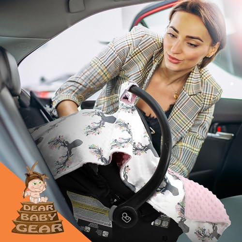 Image of Dear Baby Gear - 40x30 Car Seat Canopy, Infant Carrier Cover for Boys & Girls, Cozy Fall, Nursing & Stroller Use, Newborn Travel Sunshade Accessory, Antler & Flower, Pink Dot