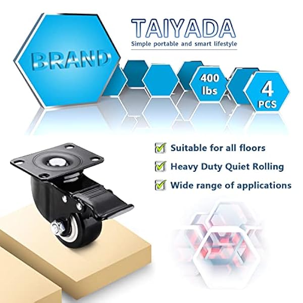 Juego de 4 ruedas giratorias de 2 pulgadas, ruedas de alta resistencia con freno, ruedas de bloqueo sin ruido con ruedas de poliuretano (PU), ruedas giratorias de placa (paquete de 4 unidades)