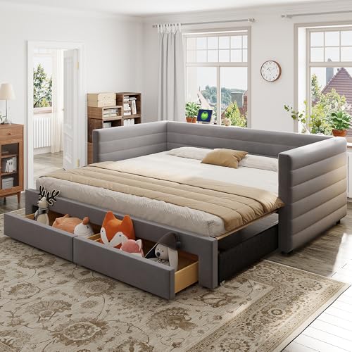 Cassetti nascosti: questo letto imbottito dal design intelligente ha anche due ampi cassetti, ideali per riporre biancheria da letto, vestiti stagionali o oggetti di uso quotidiano. Dite addio alle scatole disordinate e crea uno spazio di archiviazione elegante e senza cuciture.