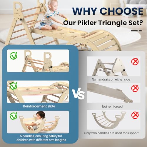 Image of BlueWood Pikler Triangle Set, Foldable Wooden Toddler Climbing Toys Indoor Playground Jungle Gym Montessori Philosophy Climber for 2-6 Years Old, Baby, Kids (Natural Wood)