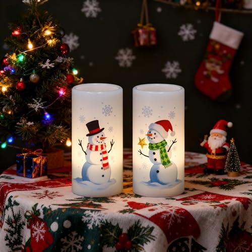 Image of Eldnacele Christmas Snowman Flameless Candles Battery Operated with Remote and Timer Real Wax Flickering LED Pillar Candles Xmas Holiday Indoor Decor(2 Pack, 3 inch D x 6 inch H)