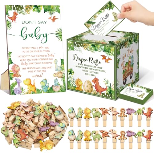 Dispowreath 102 Pcs Baby Shower Game Supplies Diaper Raffle Tickets with Diaper Raffle Card Box Don't Say Baby Sign Mini Clothespin Baby Shower Game Decor for Baby Shower Gender Reveal(Dinosaur)
