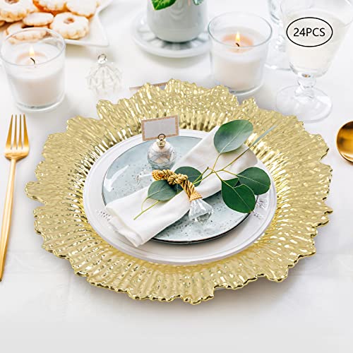 XIJIE 24 Pcs Plates Bulk 13 Inch/Charger Plate Ruffled Rim Dinner Charger Plate Round Shiny Decorative Charger for Wedding, Catering, Parties, Restaurant, Home Dinner Use (Gold)