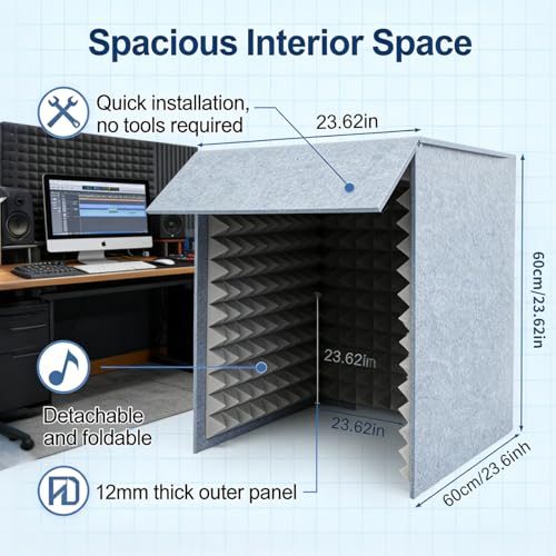Cabina vocal portátil grande plegable, pantalla de aislamiento de micrófono, caja absorbente de eco para estudio de grabación musical, filtro de reflexión con espuma acústica densa y engrosada, gris miniatura 4