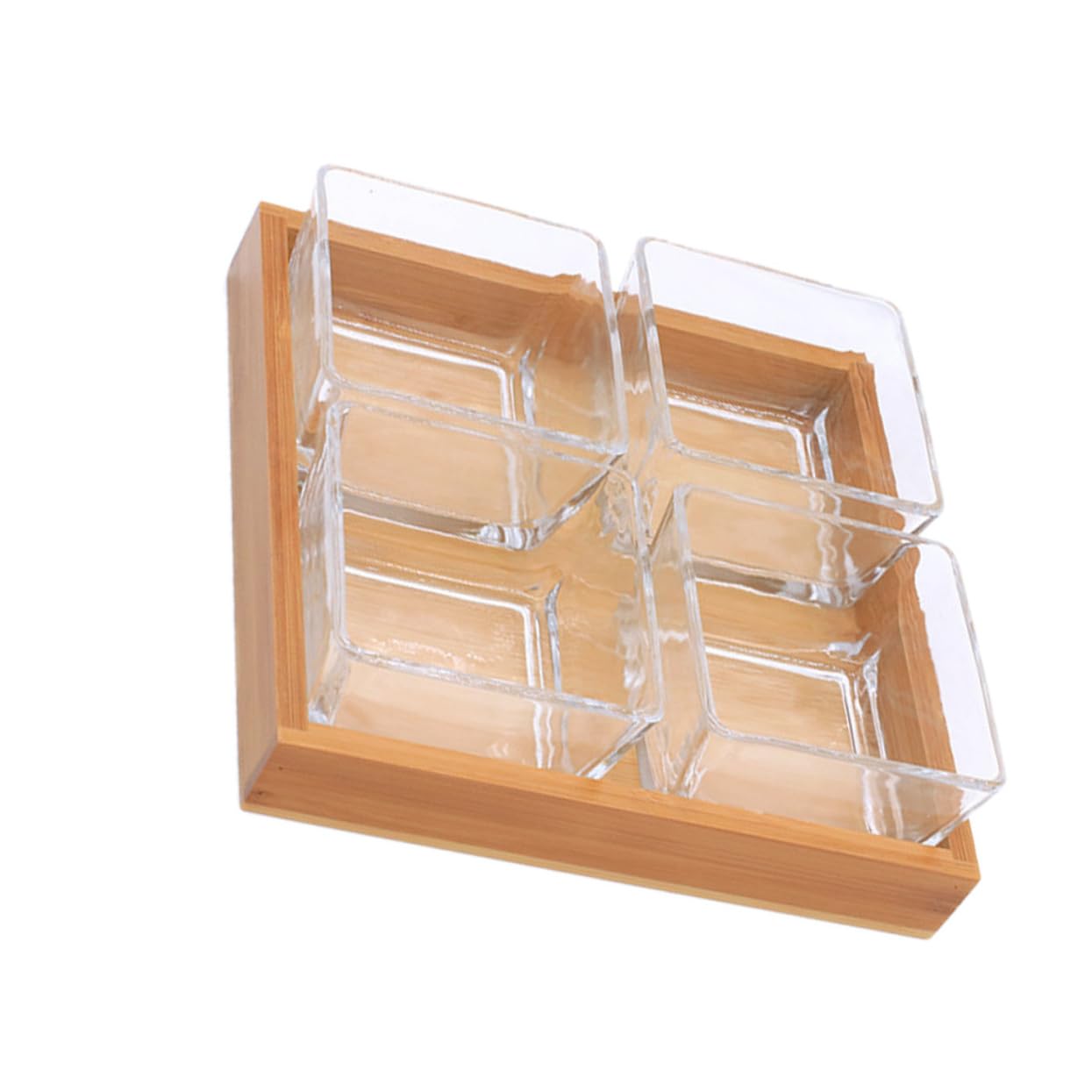 VALICLUD Plateaux de Service en Verre Compartimentés 4 Divisions, Bois et Verre, Multifonctionnels, pour Fruits Secs et Noix, Usage Apéritif et Fête, sans Couvercle