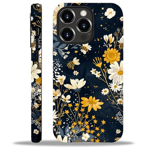 yicomon Compatible with iPhone 13 Pro Case, Honeybees Flowers Navy Blue Gold Foil Pattern Print Phone Case Durable Fashion Funny Liquid Silicone Case Soft Anti-Scratch Shockproof Protective Cover