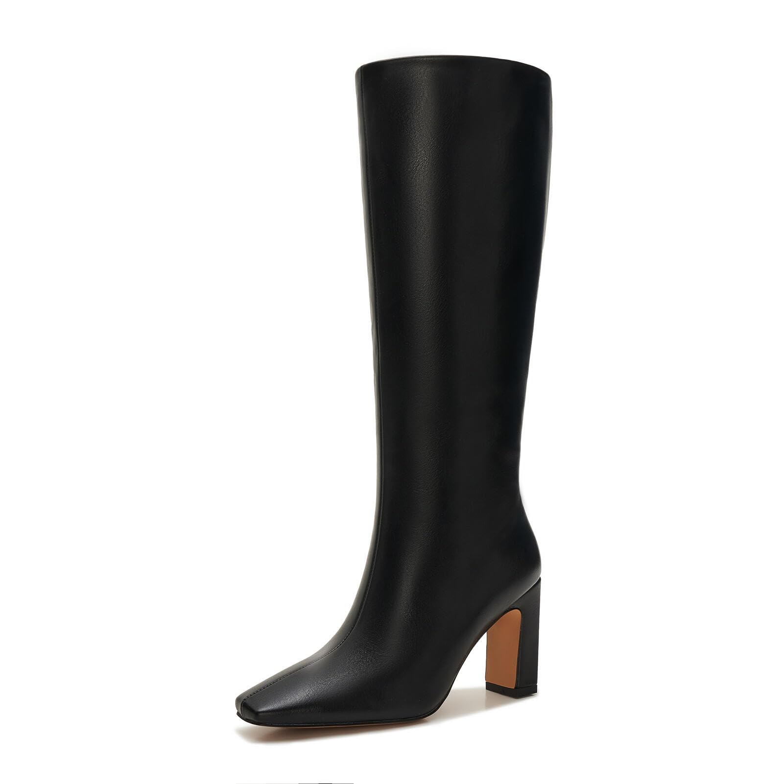 ZXHYZLZ Womens Wide Calf Black Knee-High Boots Soft Leather Look Kitten Heel Pointed Toe