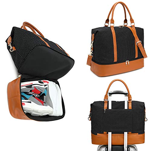 Womens Travel Weekend Bag Canvas Overnight Carry on Shoulder Duffel Beach Tote Bag (Black polka dot with shoe compartment)