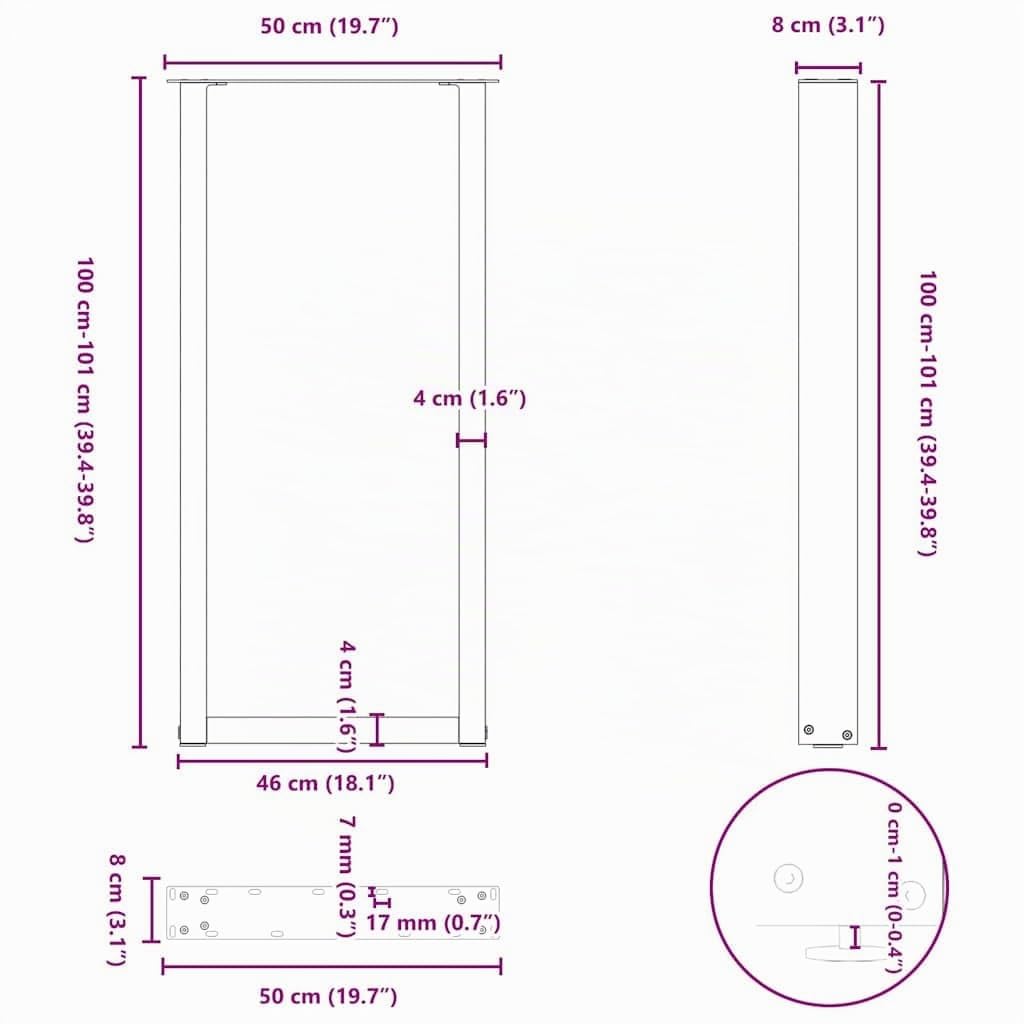 vidaXL Patas para Mesa de Bar en Forma de U (2 Unidades), Color Negro, 50 x 100-101 cm, Acero