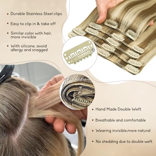 Image of Clip in Hair Extensions Real Human Hair 20Inch 8pcs 105g Seamless Balayage Blonde Hair Extensions Clip Ins Double Weft Light Blonde Highlight Golden Blonde Invisible Straight Remy Human Hair for Women