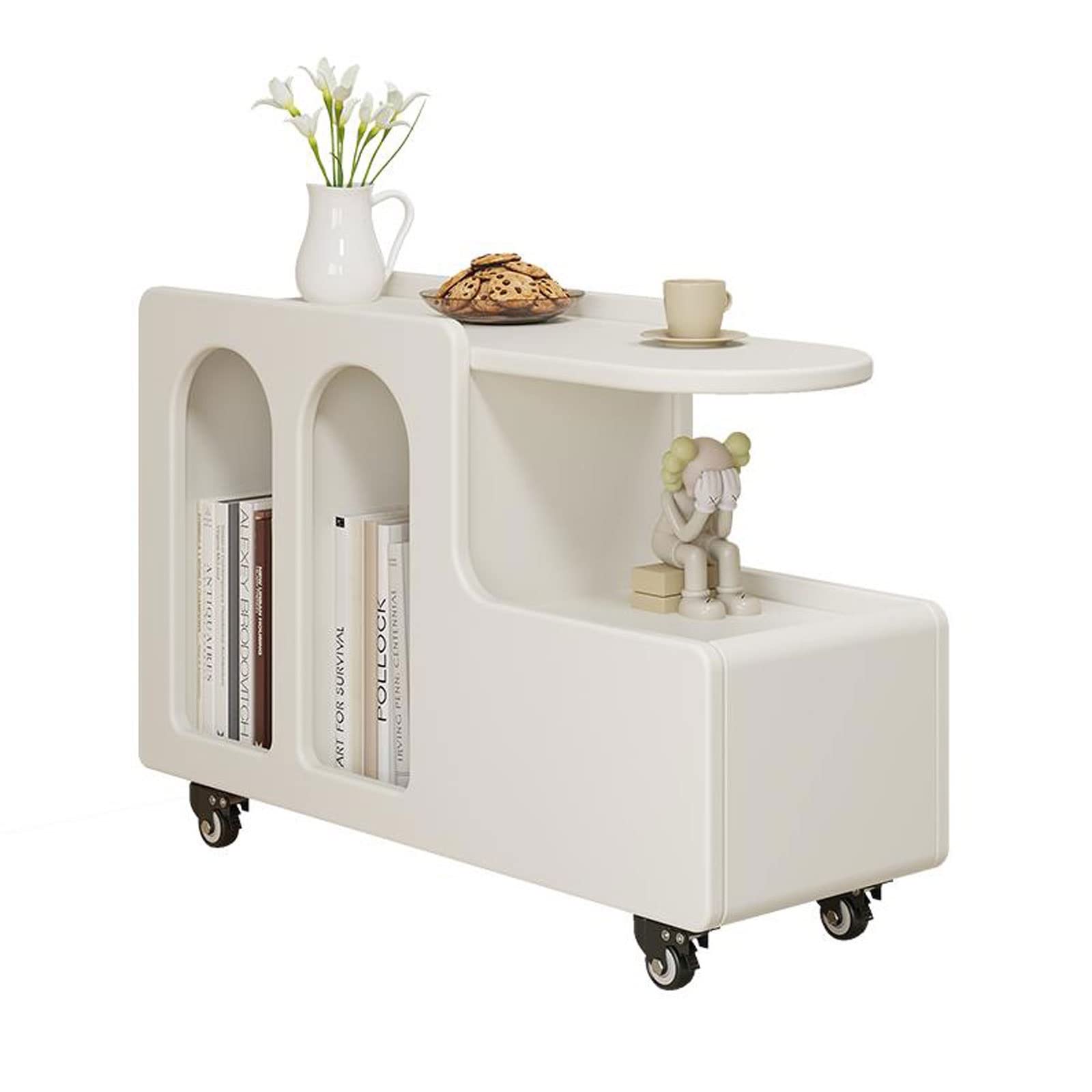 Table de chevet bureau table basse carrée avec étagères tiroirs et roulettes intégrées