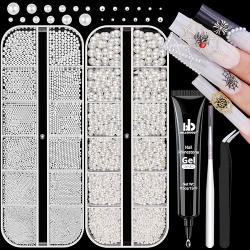 Flatback White Nail Pearls and Metal Silver Nail Beads for Nails with Glue
