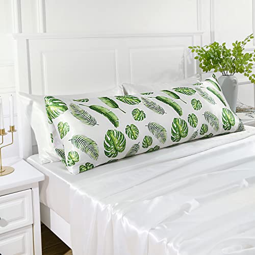 Image of MR&HM Satin Body Pillow Cover, Soft and Breathable Body Pillow Case with Envelope Closure, Cooling and Silky Long Pillowcase for Hair and Skin,Grey (20x54, Leaves)