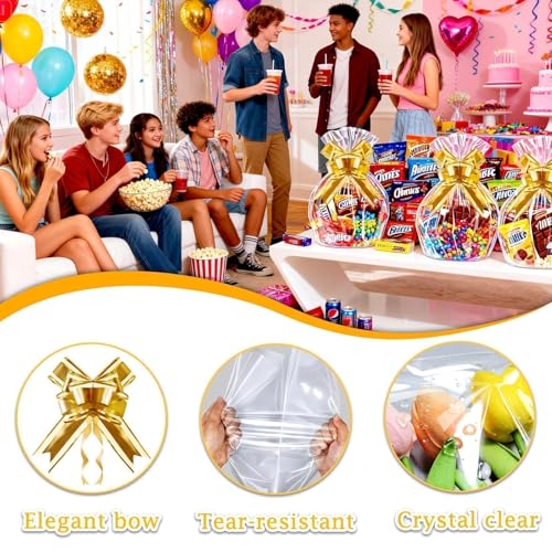 Image of PigPotParty Cellophane Bags for Gift Baskets, 16x24 in, 10 Pack, Gold Bows