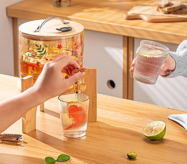 Image of Bellemax 3 LTR Glass Beverage Dispenser with Bamboo Stand, Drink Dispensers for Beer, Cocktails, Detox Drinks Perfect for Parties,Bars,Restaurants,Weddings,Daily Uses (BX-05)