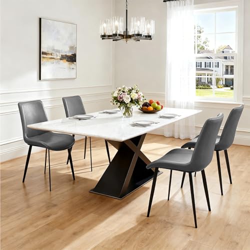 Image of Modern Dining Chairs Set of 4, PU Leather Dining Room Chairs, Upholstered Kitchen Chairs with Ergonomic Backrest & Sturdy Metal Legs, Perfect for Dining Room, Living Room, Grey
